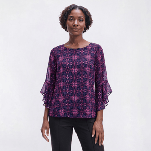 Womens Kasper 3/4 Ruffle Sleeve Abstract Back Keyhole Blouse